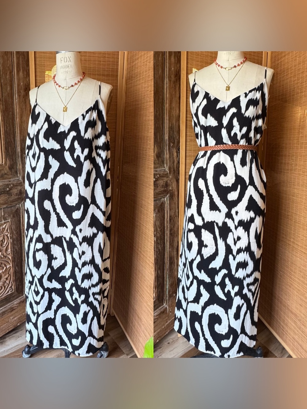 H&M Black & White Printed Midi Slip Dress
